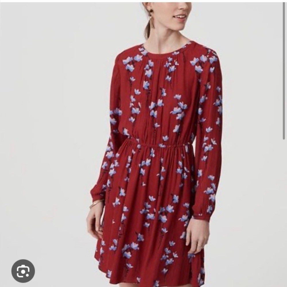 LOFT Red Long-Sleeve Floral Pleated Dress